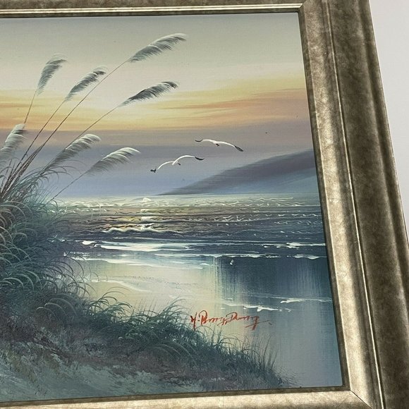 Sunset Seascape Beach Painting  20x16” Signed  Wood Framed Lighthouse Birds - Picture 2 of 10
